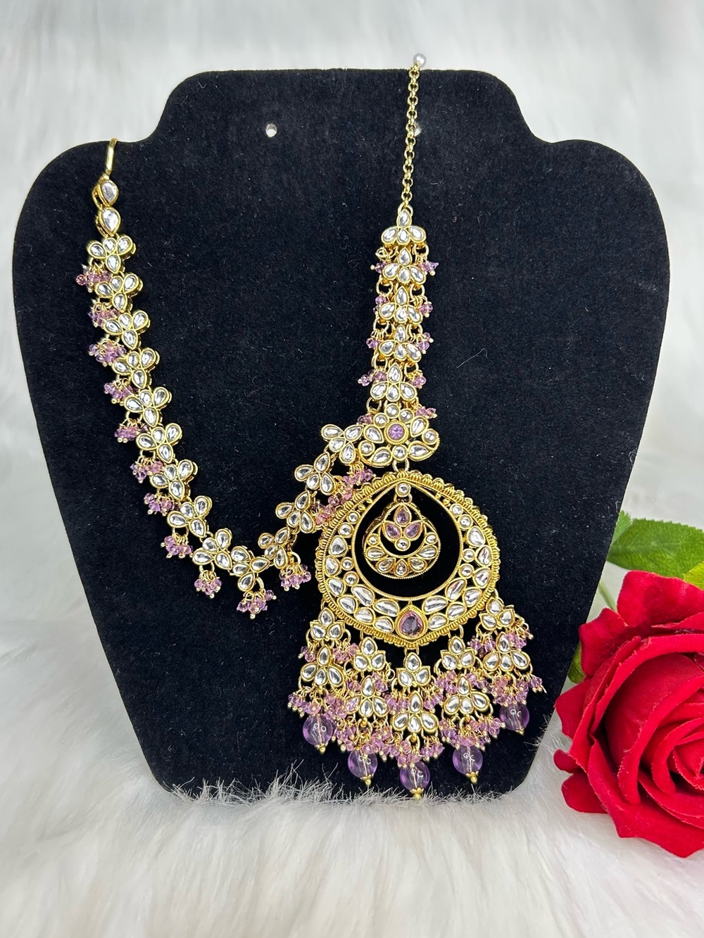 Gorgeous Gold-Tone Lavender Kundan Earrings With Ear Chain and Side Layers.